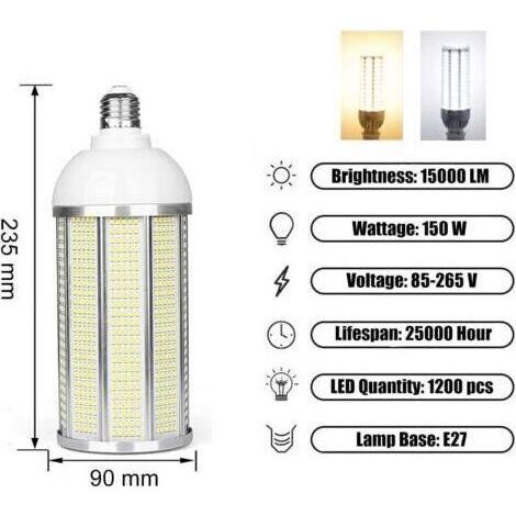 E27 LED-Lampe, 150 W LED-Maiskolbenlampe E27/E40 (entspricht 800 W Glühlampe), 15.000 Lumen ultrahell, 3000 K warmweiß, für Lagerhalle, Werkstatt, Garage (Warmweiß – 3000 K, 150 W) [Klasse (1/4)
