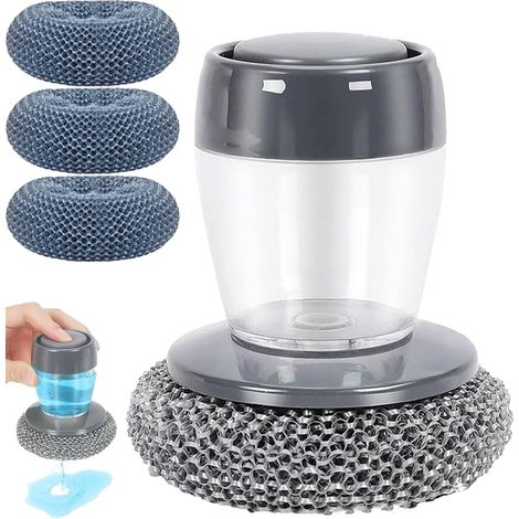 Distributeur de savon ergonomique et brosse à vaisselle avec 4 boules nettoyantes et têtes de brosse remplaçables (1 pièce). (1/5)