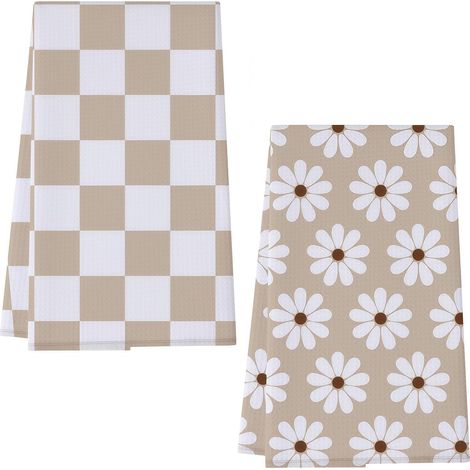 Lot de 2 Torchons, 60x40 CM Torchons de Cuisine avec Boucle de Suspension, Réutilisables et Absorbants au Design Bohème Rétro Moderne, Beige à Carreaux et Fleurs (1/5)