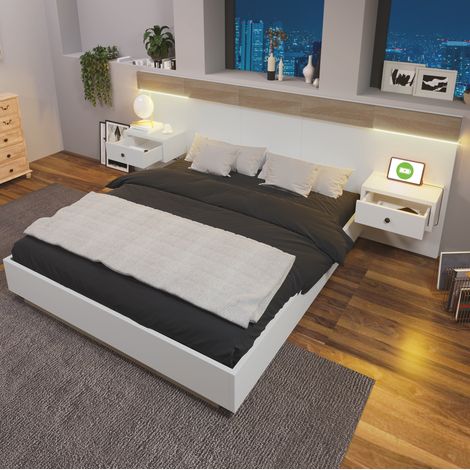 lit adulte 160x200 LED bois blanc chevets USB C double OKMYHOME (1/5)