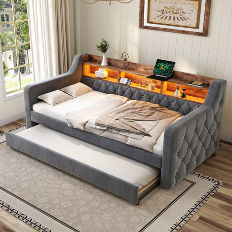 Canapé-lit gain de place 90x190cm velours gris avec rangement, LED, port USB-C, sommier lattes structure métal bois (sans Matelas) (1/5)