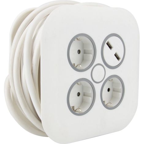 Enrouleur domestique 3 prises Schuko + 2 USB 2,4A 7m - Blanc - Zenitech