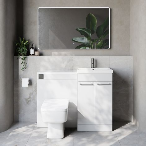 Napoli 390 Cento Gloss White 1100mm 2 Door Vanity Unit Toilet Suite with Glide Basin - 1100mm - Gunmetal Grey 160mm HandleWith Kingston Toilet Pan and Seat