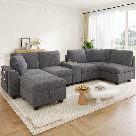 Canapé modulable U/L 6 places 311x139x85 cm avec pouf coffre, console mobile, 2 porte-gobelets, USB et USB-C, poches, velours côtelé, Gris (1/5)