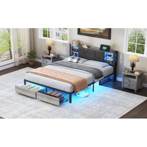 Lit double 140x200 cm avec tête de lit, LED, 2 tiroirs et port USB, noir (1/5)