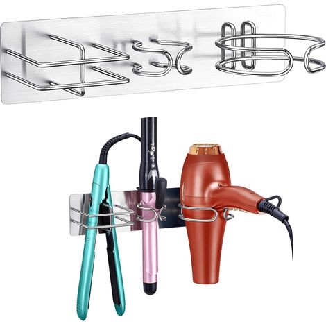 Support Sèche Cheveux et Lisseur, Porte Seche Cheveux Mural sans perçage, 3 en 1 Support mural pour Sèche-Cheveux, Lisseur, fer à friser pour Salle de Bain, Hôtel, Salon (Argenté) (1/5)