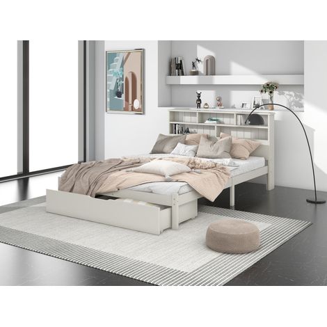 Lit double en bois massif avec tiroirs et sommier à lattes, lit avec bibliothèque pour adolescents et adultes, 140x200cm, blanc (1/5)