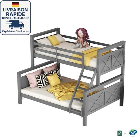 MODFU - Litera infantil 90/140x200cm 3 personas, cama juvenil, sin colchón, pino, anticaída, gris (1/5)