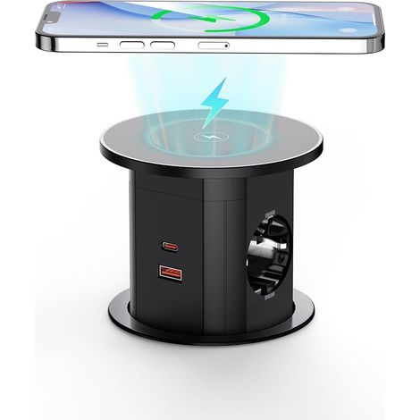 Multiprise encastrable 2 Prises, Multiprise Automatique Pop-up pour Plan de Travail avec Charge sans Fil 15W, Multiprise escamotable avec 2 USB-C (PD 20W), 2 USB-A pour Cuisine et Bureau, D 85