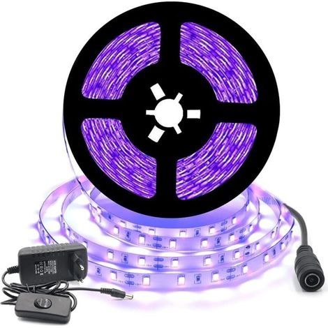 12V Ensemble de Ruban LED Flexible UV Noire 5M 300leds IP20 300leds SMD2835 Bande Violet Avec Tranformateur/Bloc d’Alimentation, pour la décoration Intérieur festival, Noël (1/5)