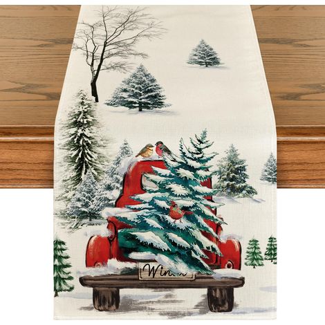 Chemin de Table de Noël, Lavable, Moderne, Hiver, Sapin, Camion, Aquarelle, décoration pour l'intérieur et l'extérieur, Vacances, fête, Salon, décoration 40 x 140 cm
