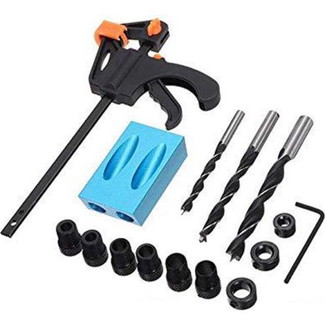Set da 15 pezzi di morsetti per fori a tasca, set di guide di foratura ad angolo di 15°, goniometro per la lavorazione del legno, punte da trapano, utensili per la lavorazione del legno da 6/8/10 mm (1/5)