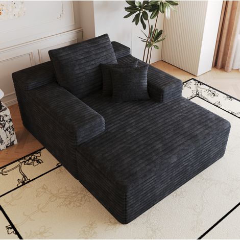 Sofá chaise longue, sin montaje, asiento profundo y diseño fluido, espuma de alta elasticidad, tejido de pana negro (1/5)