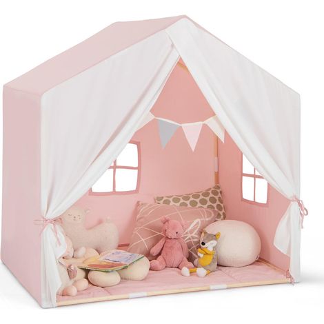 Montage Facile Tente de Jeu Enfant avec Tapis Lavable Cabane de Lit en Bois Espace Lecture et Jeux Rose (1/5)