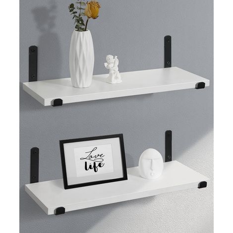 Étagères Murales Décoratives en Bois Blanc, Design Moderne, Lot de 2, Équerres métalliques noires, pour livres, plantes, cadres photo et décoration, salon, chambre, cuisine et salle de bain (1/5)