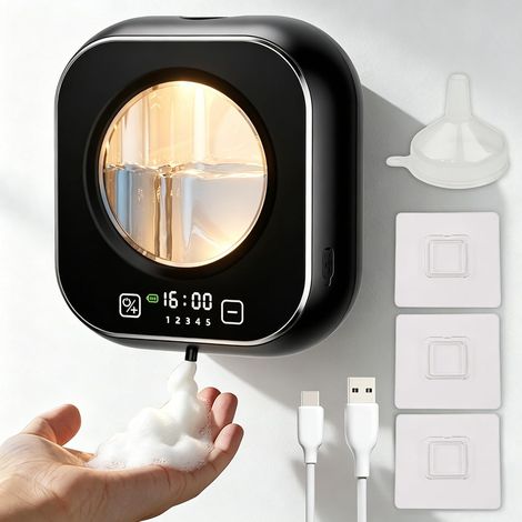 Distributeur de Savon Automatique, 320ml Distributeur Savon Mousse avec Capteur Infrarouge, Mural,Étanche IPX5, 1500mAh Rechargeable par USB, 5 Niveaux Réglables pour Salle de Bain,Cuisin (1/5)