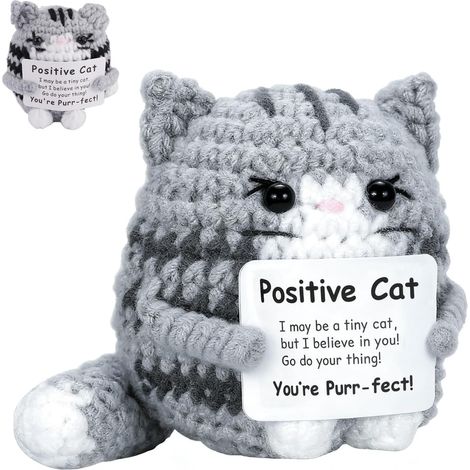 Figurine de chat au crochet faite main (8x7cm) - Joli visage et carte inspiranteCadeau pour la famille, épouse, maman, sœur, amis, collègues et professeurs (1/5)