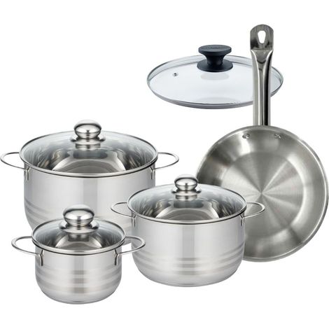 Set 1 poêle 24 cm en inox et 1 couvercle verre, 3 faitouts inox 16, 20 et 24 cm Fackelmann Eterna (1/5)
