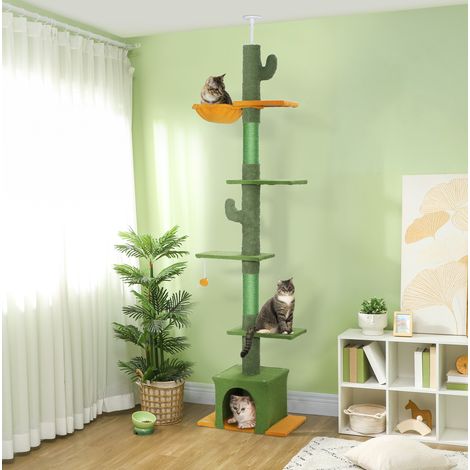 Árbol para gatos de techo 230-275 cm con nicho, rascadores y pelota verde DESVIAE (1/5)