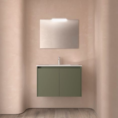 Mueble de baño suspendido de madera verde satinado de 80 cm con 2 puertas y lavabo encastrado - Nova - Con columna espejo y lámpara LED - Accessorio: Standard