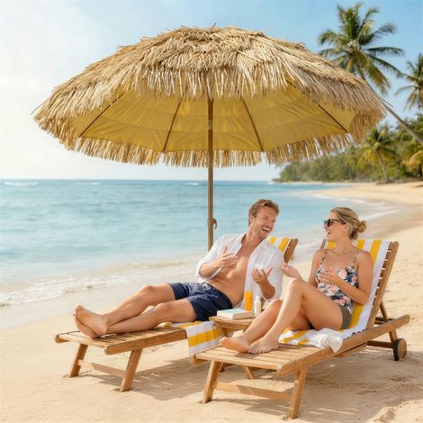 Parasol de plage à franges de paille Ø178 cm, hauteur et inclinaison réglables, protection UV50+, sac de transport marron clair