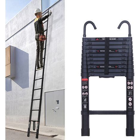 3,8m / 12,5ft échelle télescopique en aluminium échelle à haute tige légère et durable 150kg / 330lbs capacité de charge échelle de sécurité antidérapante EN131 (1/5)