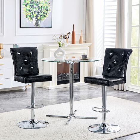 Set de 2 tabourets de bar vintage noirs, cuir synthétique motif crocodile, fermoir cristal, pour bar et salle à manger (1/5)