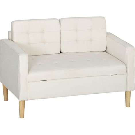 Zweisitzer-Sofa mit Stauraum, Knopfheftung, Kissen, Gummibaumholz, 117 x 62 x 78 cm, cremeweiß