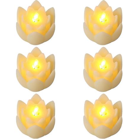 Lot de 6 bougies de table LED en forme de lotus, lampes lotus électroniques de 7,5 x 3 cm, lumières bouddhistes fonctionnant sur piles, lumière blanche chaude vacillante. (1/5)