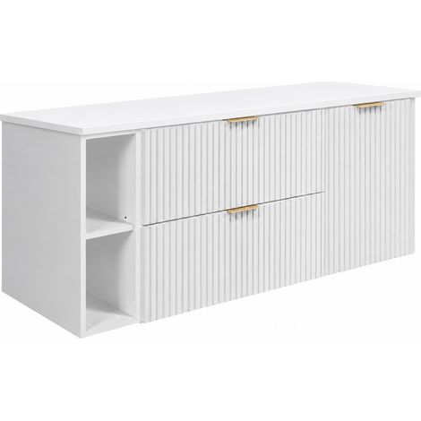 Set di mobili da bagno, 2 cassetti, 1 anta, chiusura ammortizzata, cesto portabiancheria, Bianco, maniglie dorate, 140 x 46 x 57 cm (1/5)