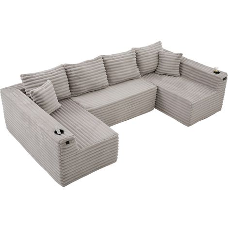 ELVMI Sofá En U 3 Módulos con Portavasos, Bolsillo Lateral, 4 Cojines, 2 Cojines Decorativos, en Corduroy, Gris Claro (1/4)