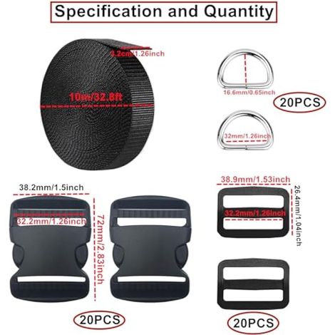 20 pièces Boucles en Plastiques pour Sangle, 32 mm Boucle Plastique Latéra Clip Fermoir pour Sangle Accessoires de Sac à Dos, Tente, Sac à Dos Enfant, Collier de Chien (Noir) (1/5)