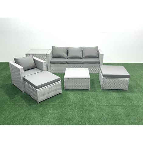 Fimous Salon de Jardin Exterieur en Résine 6 places avec Canapé 2 Grand tabourets Fauteuil Table d'appoint Gris clair mixte (1/4)