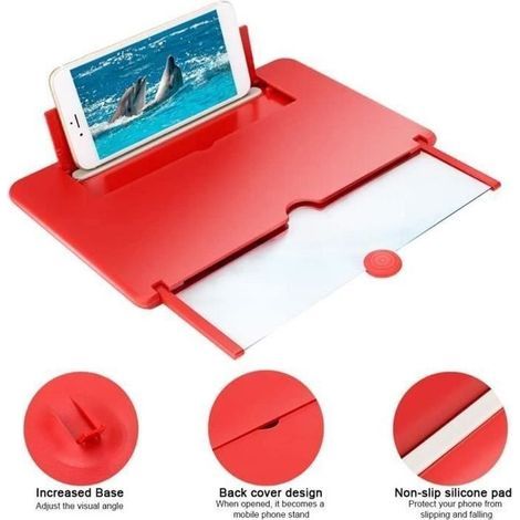 (ROSSO) Lente d'ingrandimento 3D portatile, amplificatore video ingrandito, film HD, supporto da tavolo per telefoni - Rosso (1/3)