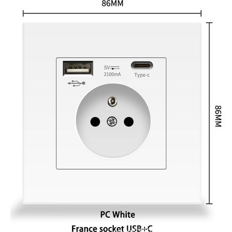 1 Panneau de prise USB, Type-C + USB, Matériau ignifugé, Blanc, Intérieur domestique (1/4)