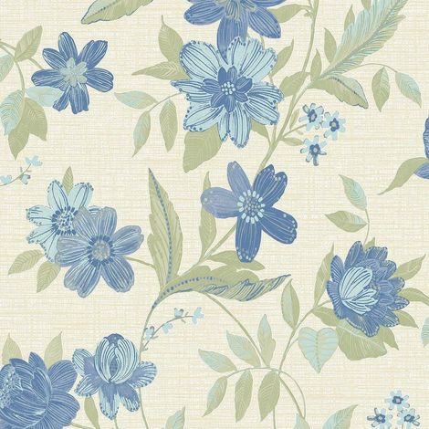 Blue Katsu Trail Wallpaper Grandeco Floral Paste The Wall Textured Blown Vinyl (1/4)