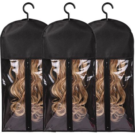 Set di 3 borse porta parrucche con ganci, in grado di contenere più parrucche, adatto per extension, parrucche e accessori (nero). (1/5)
