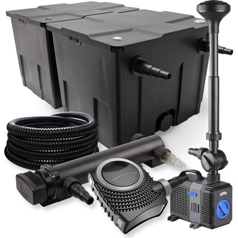 SunSun Komplettset: CBF-350B Teichfilter bis 60000 L Teichfilteranlage, NEO10000 Teichpumpe 10000l/h 80W, CUV-336 Teichklärer 36W, 25m Teichschlauch 25 mm, CTP-5003 Springbrunnen 5000l/h 30W