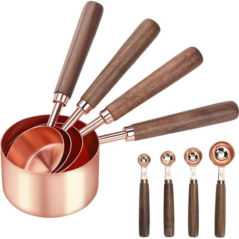 Lot de 8 Tasses et Cuillers à Mesurer, Manche en Bois, 4 Tasses à Mesurer Graduées, 4 Cuillere Doseuse en Acier Inoxydable, Gadgets de Cuisine pour Pâtisserie (Or Rose) (1/5)