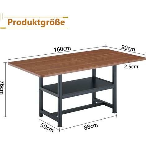 Table à manger rectangulaire style industriel 160×90×76 cm pour 4 à 6 personnes. Étagère de rangement intégrée pieds métalliques noir finition noyer. (1/5)