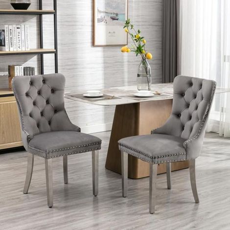 Chaise de salle à manger - KOMHTOM - Capitonné - Velours gris - Pieds chromés - Lot de 2 (1/5)