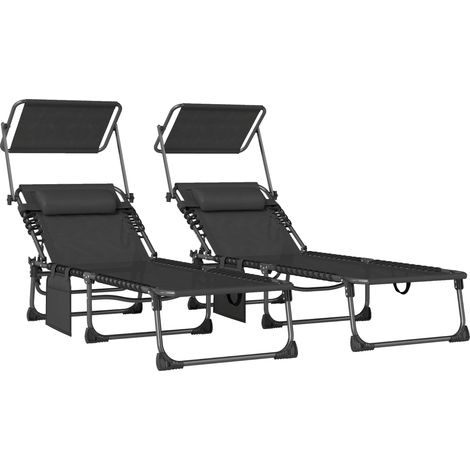 Set aus 2 faltbaren Sonnenliegen mit Kopfstütze, Sonnenschirm, Seitentasche und 5-fach verstellbarer Rückenlehne, Schwarz