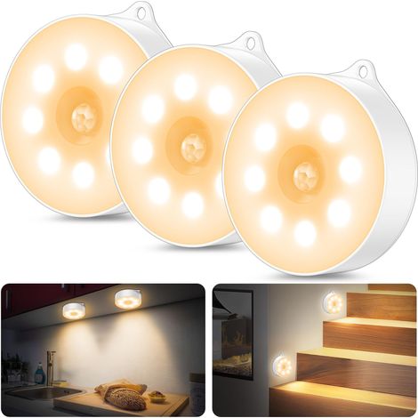 Veilleuse avec détecteur de mouvement, 3 ampoules à piles AAA, pour voiture, marche/arrêt, placard, détecteur de mouvement intérieur pour escaliers, chambre à coucher, cuisine, chambre d’enfant (1/5)
