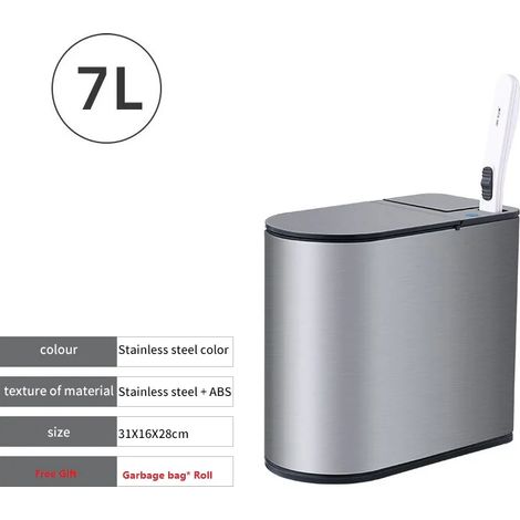 Poubelle intelligente en acier inoxydable (batterie de 7 litres), ensemble brosse WC, poubelle étanche (1/5)