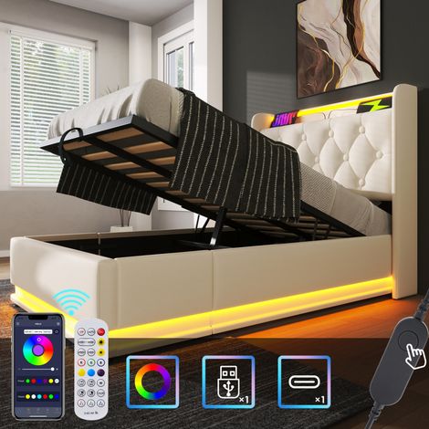 Cama tapizada 90/200 cm blanca de PU con LED 360°, almacenaje hidráulico y USB-C (1/5)