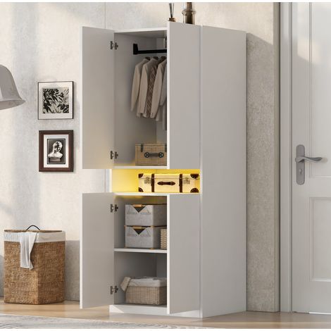 Armoire-penderie 2 portes 70 x 55 x 180 cm, en MDF et métal, blanche, avec éclairage LED, compartiment central, espace de rangement et penderie, pour chambre – CHICFURN (1/5)