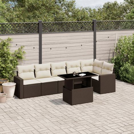 Ensemble Salon Jardin 7 Places Modulable Résine Tressée Marron avec Table Réglable et 6 Coussins Détachables (1/5)