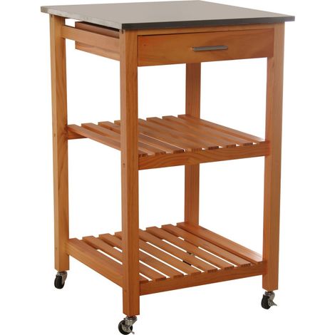 Desserte de Cuisine sur Roulettes en Bois Plateau Inox 1 Tiroir + 2 Étagères (1/5)