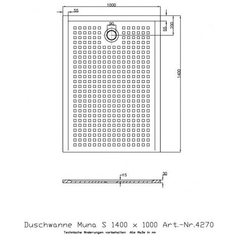 Receveur de douche MUNA S avec antidérapant 1400x1000x30mm blanc