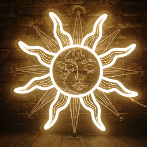 Burning Vintage Sun and Moon Neon Sign Light, Céleste Mystique Soleil Lune Hippie avec yeux fermés Wall Art, la chambre à coucher, pour la maison (1/5)